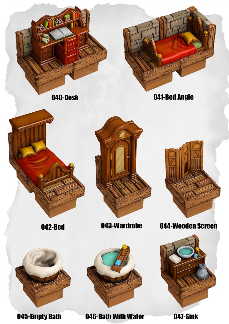 Town Tiles Interior Furniture Pack (MT2 040 to MT2 047) | Set of 8 - Tabletop RPG & D&D miniature. Perfect for wargaming & collectors