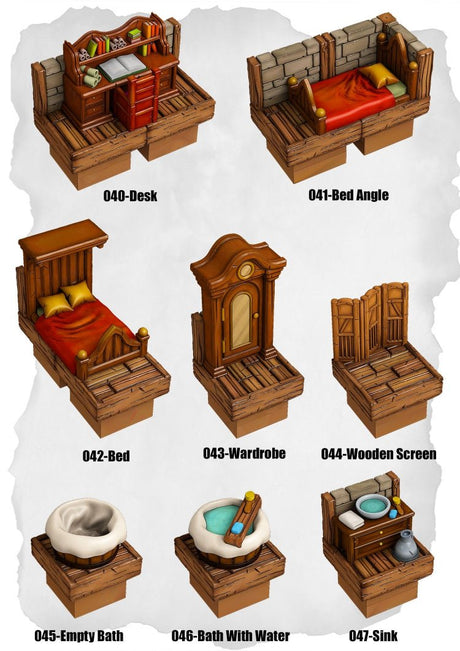 Town Tiles Interior Furniture Pack (MT2 040 to MT2 047) | Set of 8 - Tabletop RPG & D&D miniature. Perfect for wargaming & collectors