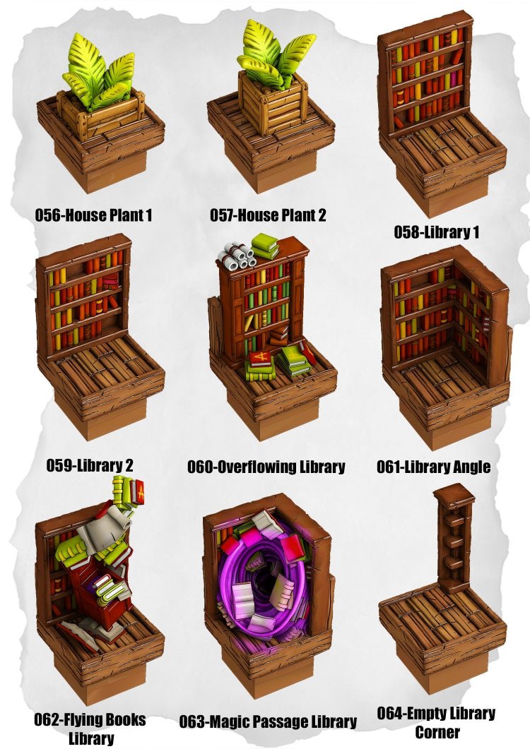 Town Tiles Magical Library (MT2 056 to MT2 064) | Set of 9 - Tabletop RPG & D&D miniature. Perfect for wargaming & collectors