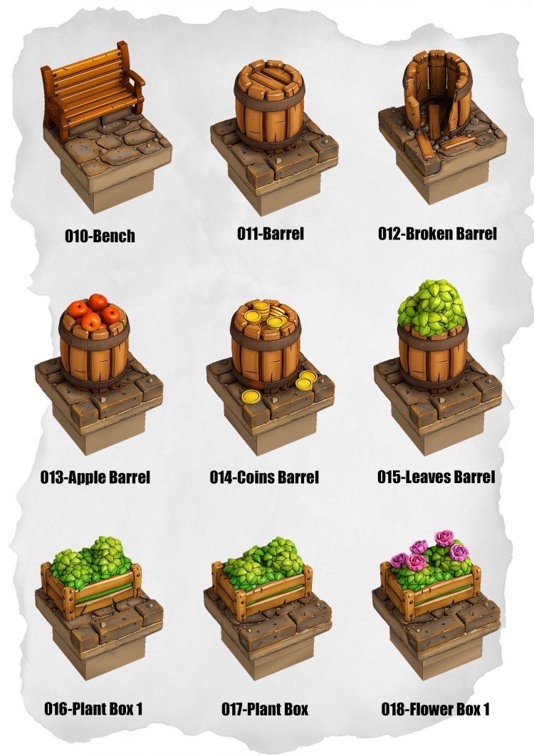 Town Tiles Market & Decor Pack (MT2 010 to MT2 018) | Set of 9 - Tabletop RPG & D&D miniature. Perfect for wargaming & collectors