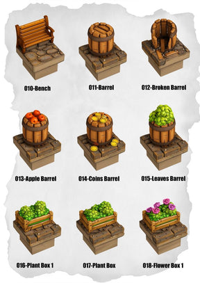 Town Tiles Market & Decor Pack (MT2 010 to MT2 018) | Set of 9 - Tabletop RPG & D&D miniature. Perfect for wargaming & collectors