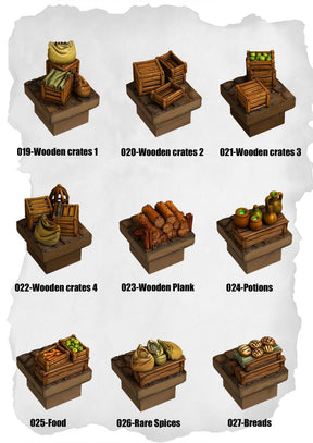 Town Tiles Storage & Market Goods Pack (MT1 019 to MT1 027) | Set of 9 - Tabletop RPG & D&D miniature. Perfect for wargaming & collectors