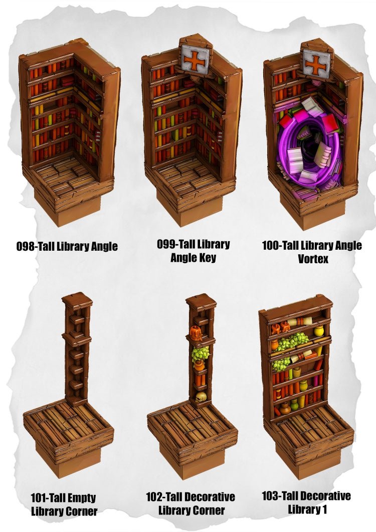 Town Tiles Tall Library Extensions Pack (MT2 098 to MT2 103) | Set of 6 - Tabletop RPG & D&D miniature. Perfect for wargaming & collectors