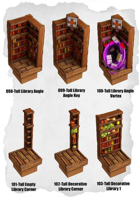 Town Tiles Tall Library Extensions Pack (MT2 098 to MT2 103) | Set of 6 - Tabletop RPG & D&D miniature. Perfect for wargaming & collectors