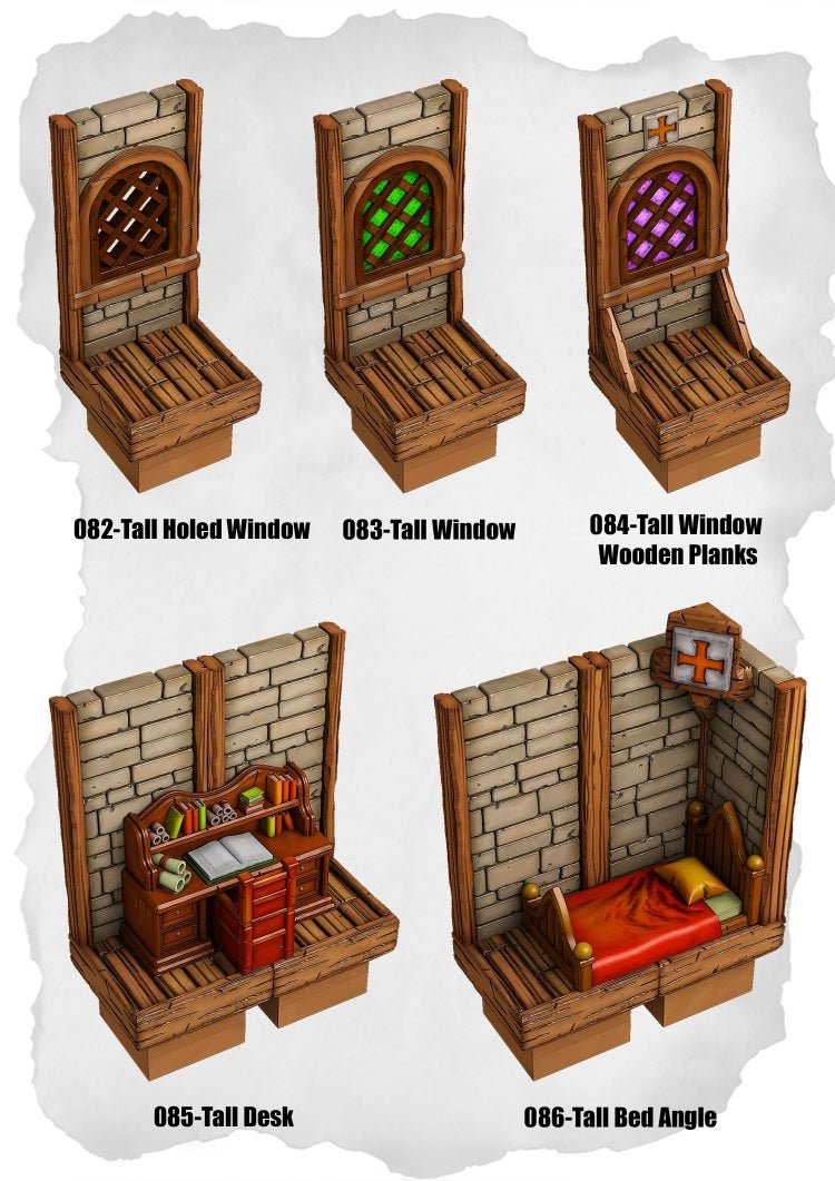 Town Tiles Tall Window Details Pack (MT2 082 to MT2 086) | Set of 5 - Tabletop RPG & D&D miniature. Perfect for wargaming & collectors