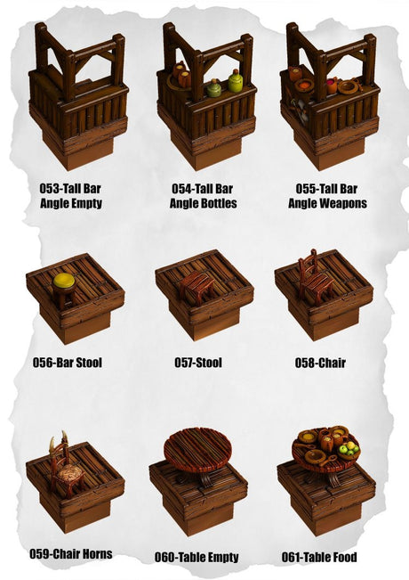 Town Tiles Tavern Accessory Pack (MT1 053 to MT1 061) | Set of 9 - Tabletop RPG & D&D miniature. Perfect for wargaming & collectors