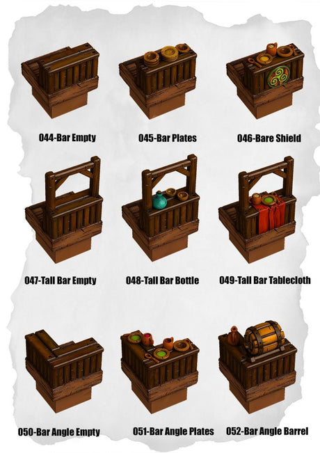 Town Tiles Tavern Bar Pack (MT1 044 to MT1 052) | Set of 9 - Tabletop RPG & D&D miniature. Perfect for wargaming & collectors
