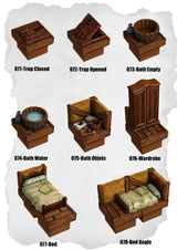 Town Tiles Traps, Baths & Beds Pack (MT1 071 to MT1 078) | Set of 8 - Tabletop RPG & D&D miniature. Perfect for wargaming & collectors