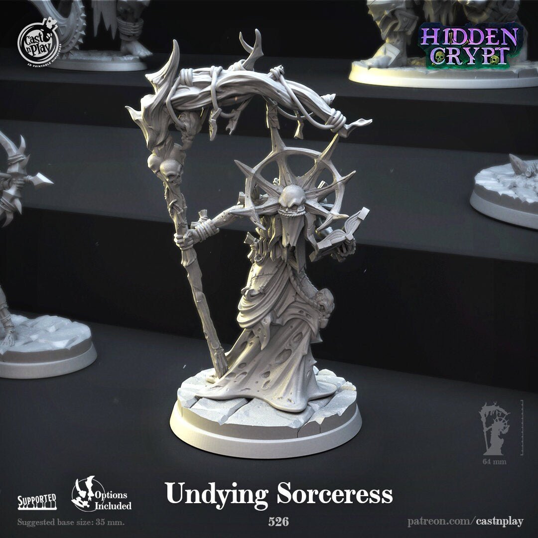 Undying, Undead Sorceress Queen Miniature | Sorceress - Tabletop RPG & D&D miniature. Perfect for wargaming & collectors