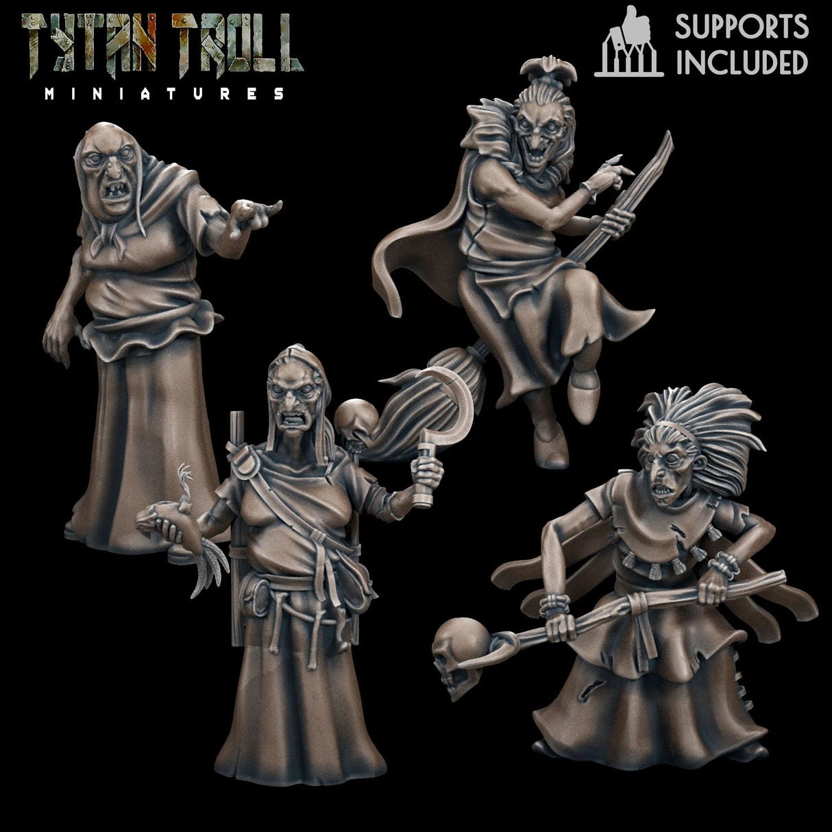Witch Pack Miniature | Set of 4 - Tabletop RPG & D&D miniature. Perfect for wargaming & collectors