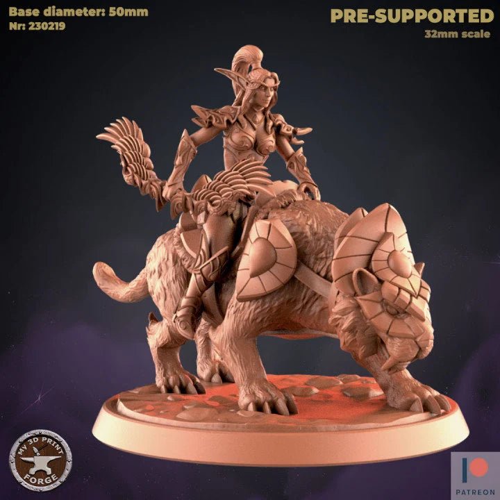 Wood Elf Miniature - Female mounted sabertooth - 28mm