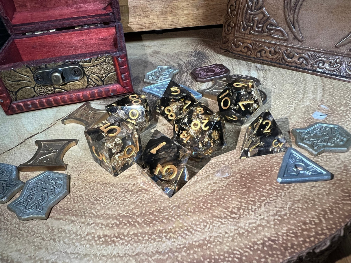 Solid Black And Gold Leaf Sharp Dice, Premium Quality 3D | - Tabletop RPG & D&D miniature. Perfect for wargaming & collectors