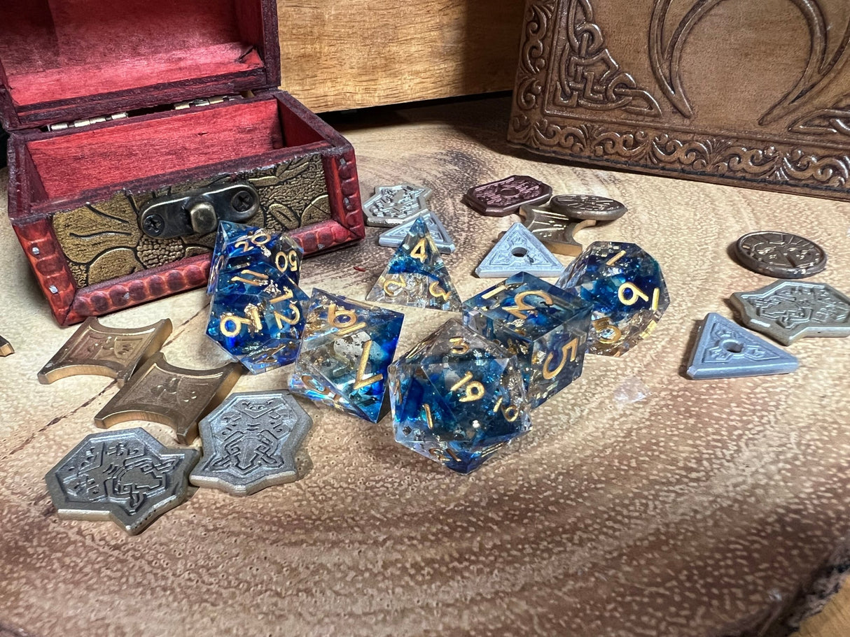 Solid Blue And Gold Leaf Sharp Dice, Perfect For Tabletop | - Tabletop RPG & D&D miniature. Perfect for wargaming & collectors